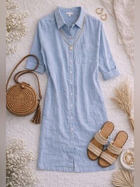 J. Jill Love Linen Shirt Dress | 100% Linen Blue Midi | Size S